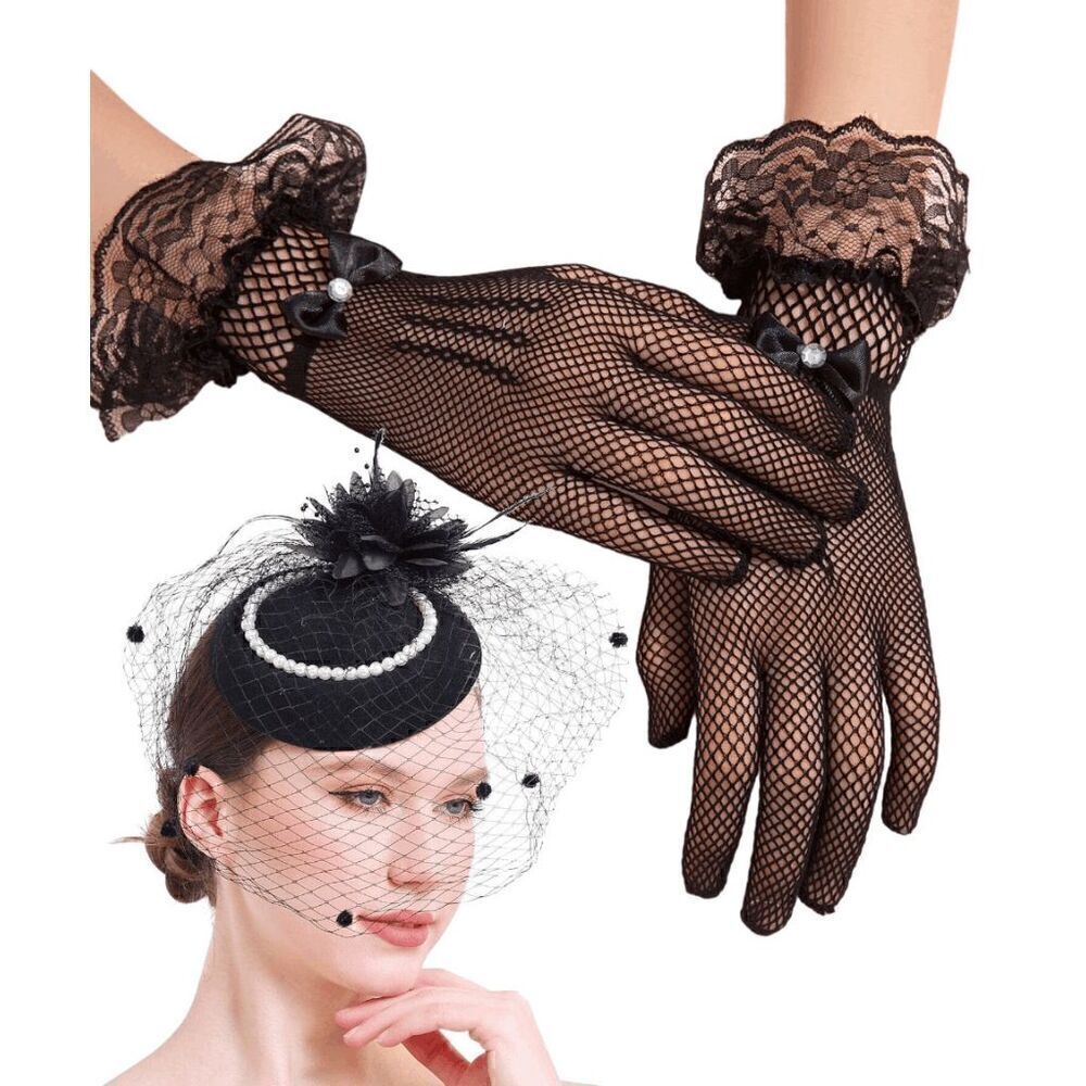 🖤 2PCS Pinup Retro Vintage Classy 1950s Black Hat Gloves Accessories Set NEW